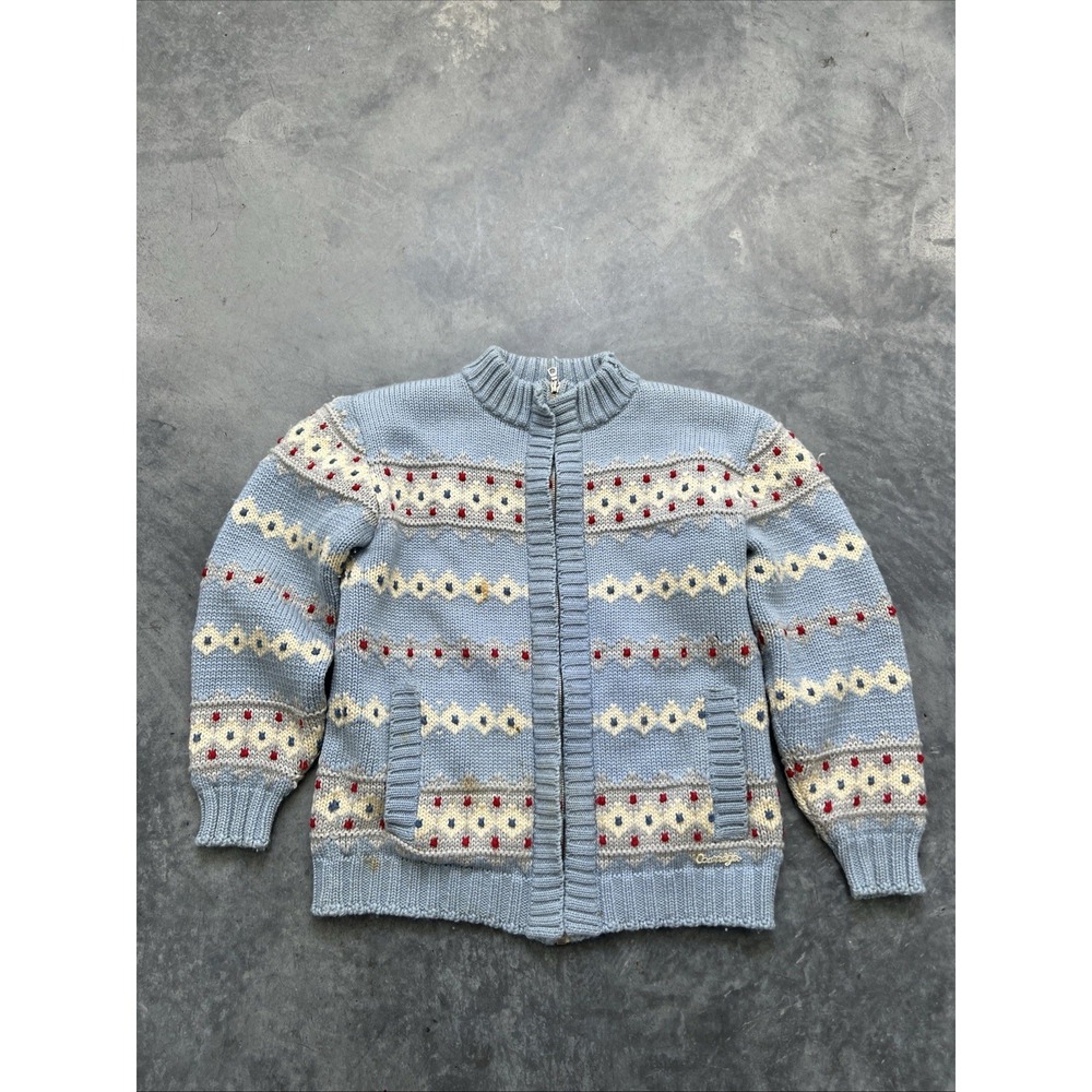 Vintage Knit Zip Up Jacket Sweater 70s/60s long sleeve blue sku341